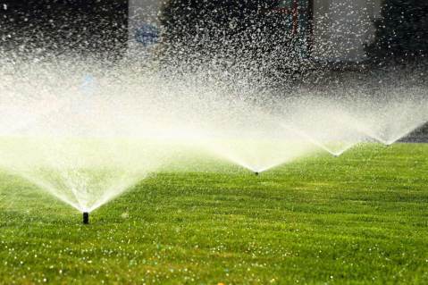 multiple sprinklers watering the lawn Colonial Lawn & Garden